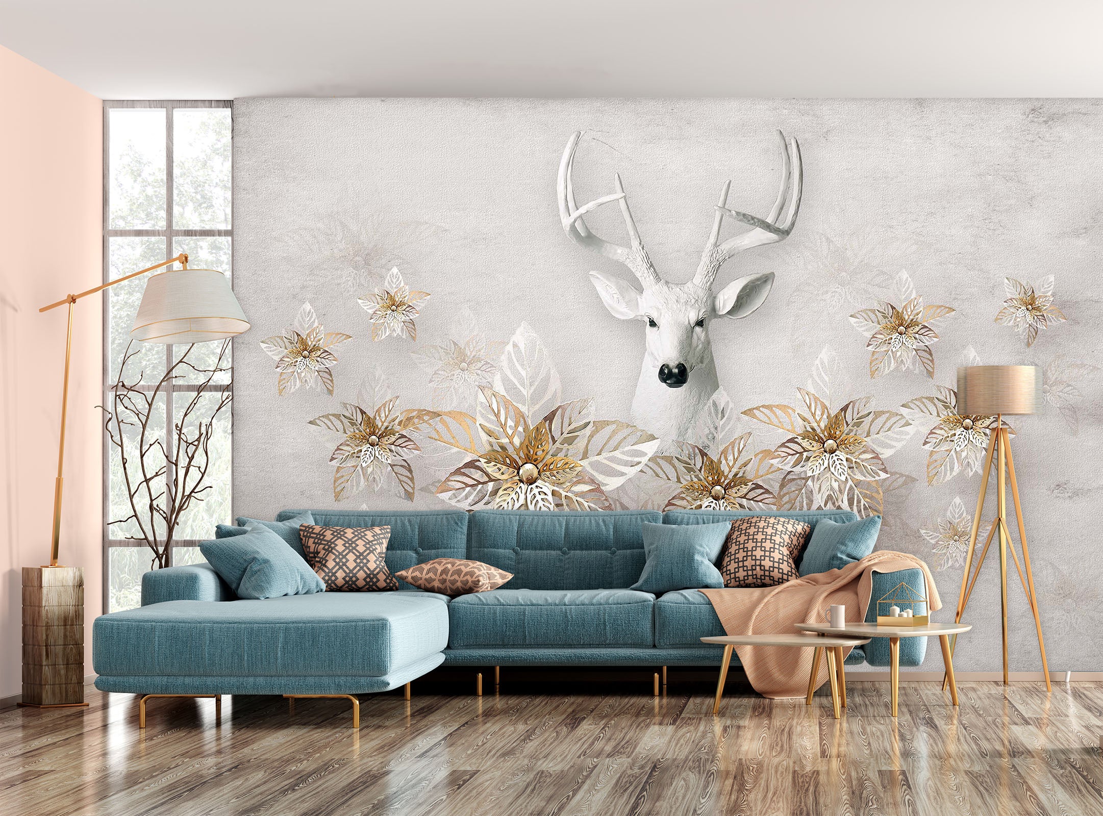 3D Deer Flower 2055 Wall Murals