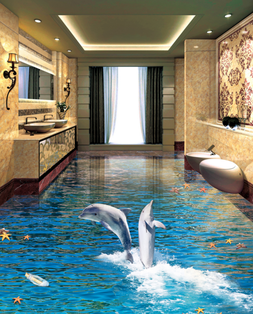 3D Dolphin Jumping 037 Floor Mural  Self-Adhesive Sticker Bathroom Non-slip Waterproof Flooring Murals